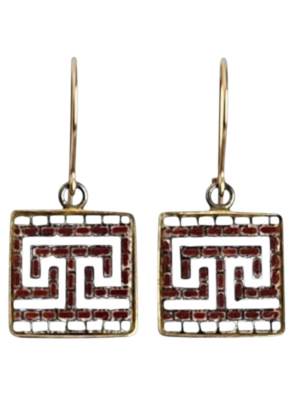 Vintage 950 Silver 14K Gold Artisan Made Greek Key Micro Mosaic Earrings 1/2"